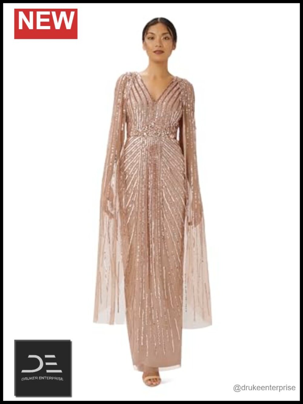 Beaded Cape Long Dress V-Neck Floor Length Rose Gold
